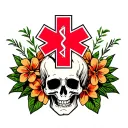 "Memento Mori " "Memento Mori " "Memento Mori " EMS star of life surrounded by Hawaiian flowers and leaves with skulls tattoo design idea