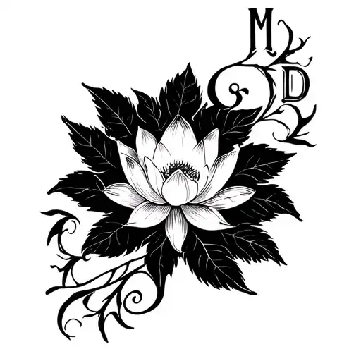 "M & D" Lotus flower and vines wrapped evenly tattoo design idea