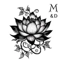 "M & D" Lotus flower and vines wrapped evenly tattoo design idea