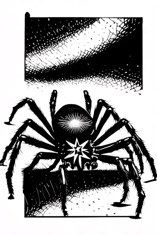 A spider with longer legs, with an eye on it's back in black and white  with a star done in blackwork for a web design tattoo design idea