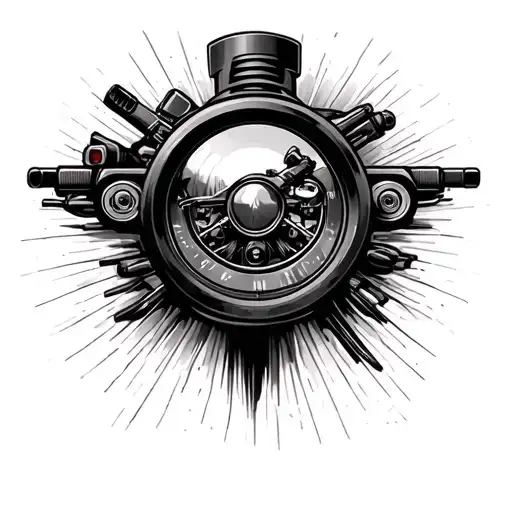 Tattoo realistic, sniper scope, black and white, with motorcycle tattoo design idea