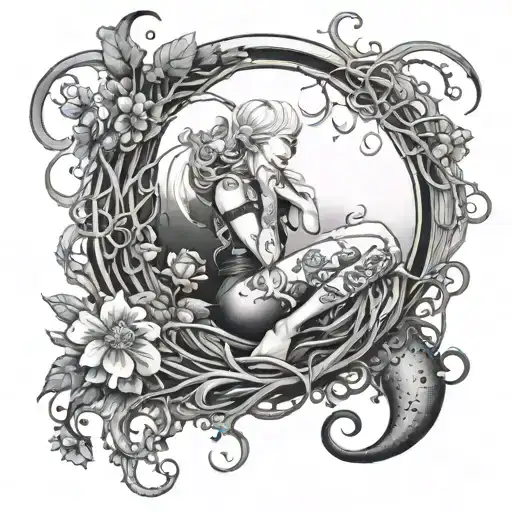 bleeding tooth fungus girl sitting o  a crescent moon with vines and flowers arpund her tattoo design idea