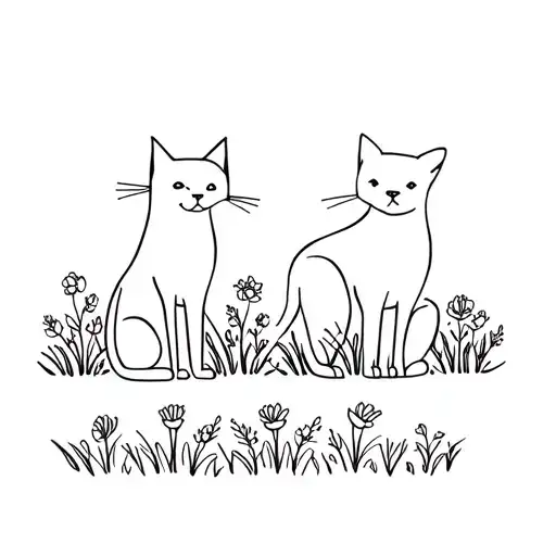 Cat and dog standing side by side on flowers and grass tattoo design idea
