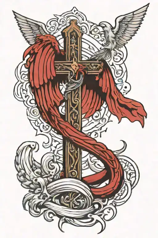 leviathan rapping around a cross while fighting an Angel  tattoo design idea