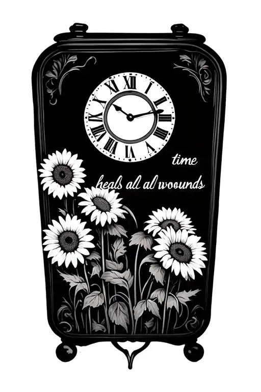 Sunflowers and daisies, old fashion clock and saying "time heals all wounds" in cursive tattoo design idea