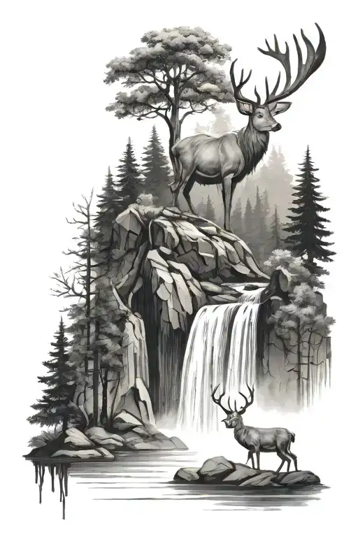 dark forest with deer and waterfall  tattoo design idea