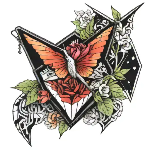 Broken mirror and origami paper crane tattoo design idea