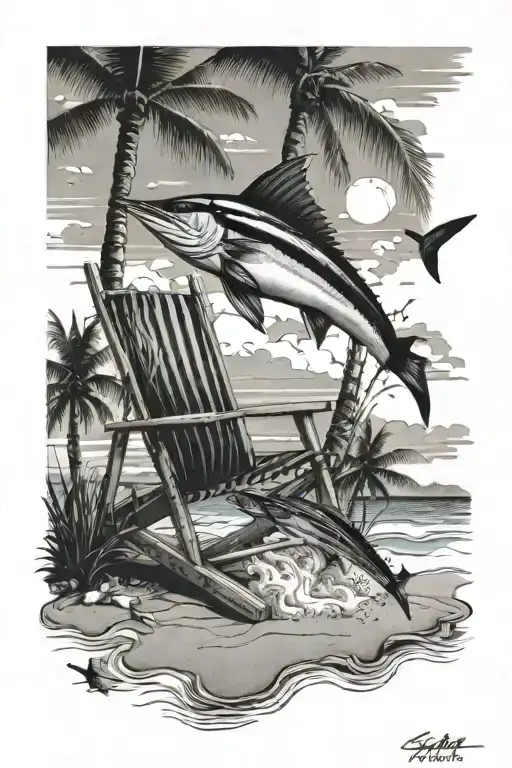 Beach secene that has 2 beach chairs looking onto the water with a sailfish and turtle jumping out of the water tattoo design idea