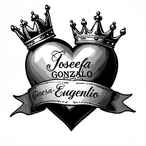 Heart with a crown and a ribbon with the names "Josefa and Gonzalo" and "Ginesa and Eugenio" tattoo design idea