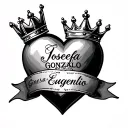 Heart with a crown and a ribbon with the names "Josefa and Gonzalo" and "Ginesa and Eugenio" tattoo design idea