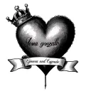 Heart with a crown and a ribbon with the names "Josefa and Gonzalo" and "Ginesa and Eugenio" tattoo design idea