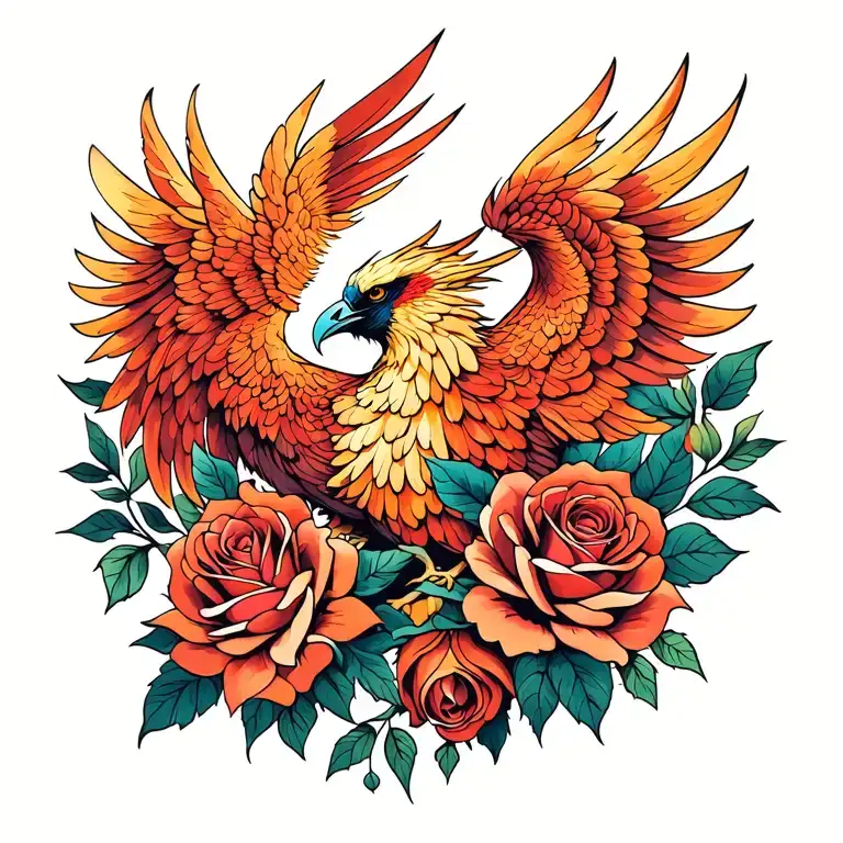 phoenix and roses intertwined tattoo design idea