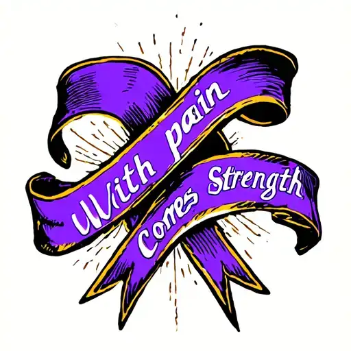 Purple ribbon with words "With pain" on top and "comes strength" on bottom tattoo design idea