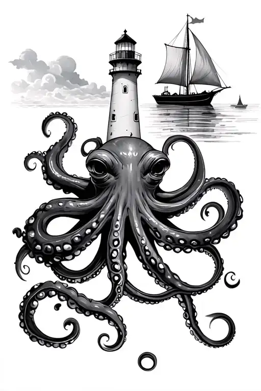 octopus and sailboat lighthouse  tattoo design idea