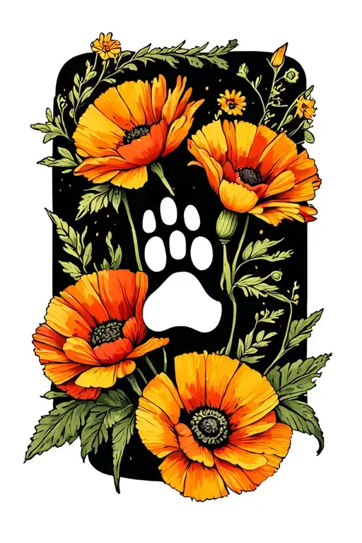 Marigold and poppy flower with dog paw print tattoo design idea