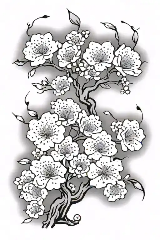 Vertical tattoo design featuring a delicate sakura tree with thin, blooming branches symbolizing love, paired with a sam tattoo design idea