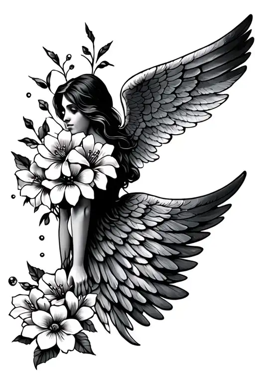 angel wing, flowers, memorial for mom tattoo tattoo design idea