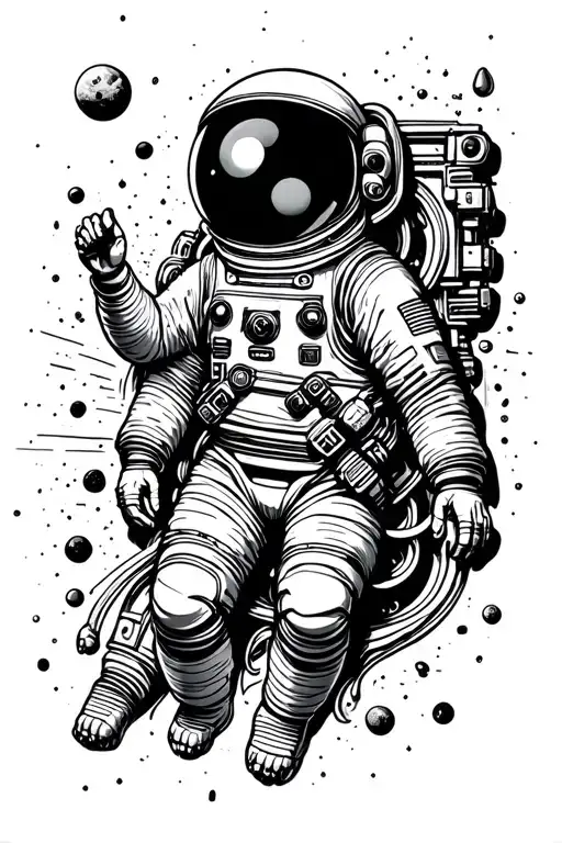 astronaut floating in space surrounded tattoo design idea