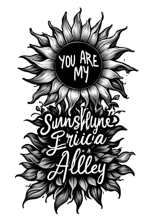 Generate A sun bursting with the words you are my sunshine with names Lacey Erica Madelynn Jerilynn Alley between the r tattoo design idea