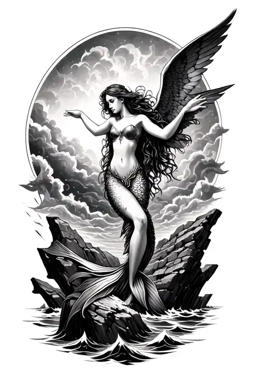 A detailed tattoo design of a gothic but angelic mermaid, lifting herself up onto a jagged rock in the middle of a storm tattoo design idea
