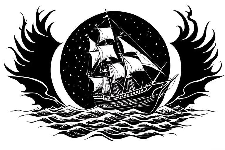atlas holding a burning ship sailing through a sea tattoo design idea