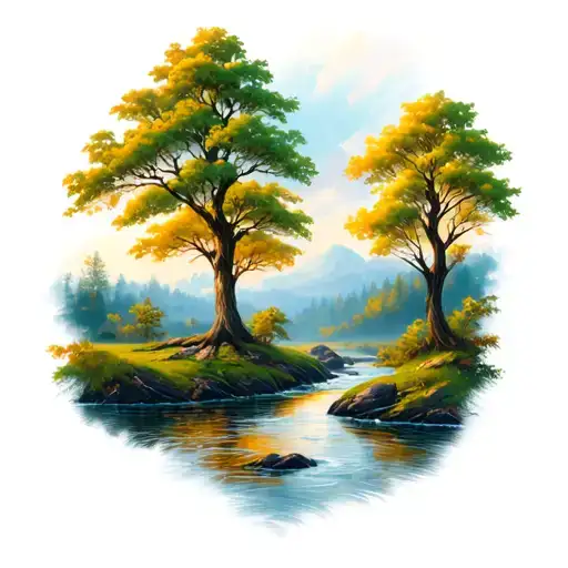 nature elements like trees near a creek running tattoo design idea