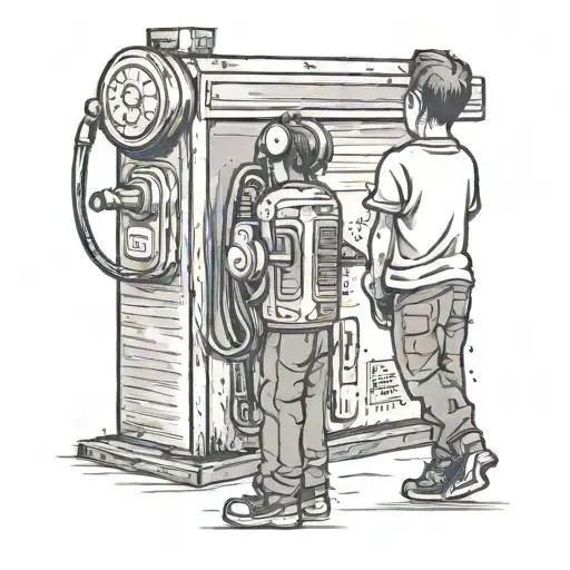 There is a boy standing next to a gas pump holding a gas gun. tattoo design idea