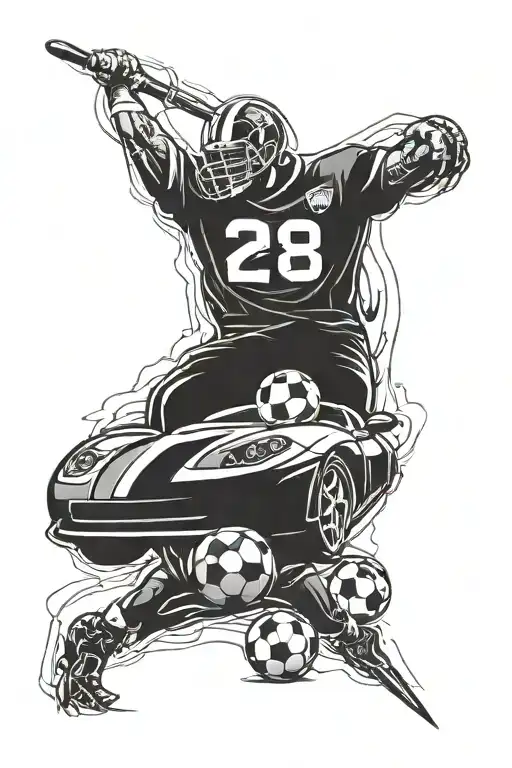 Incorporate a sleek sports car into a football stadium scene, symbolizing the client's love for both cars and soccer tattoo design idea
