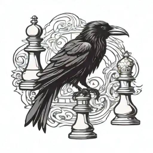 Raven perched on top of rook chess piece tattoo design idea