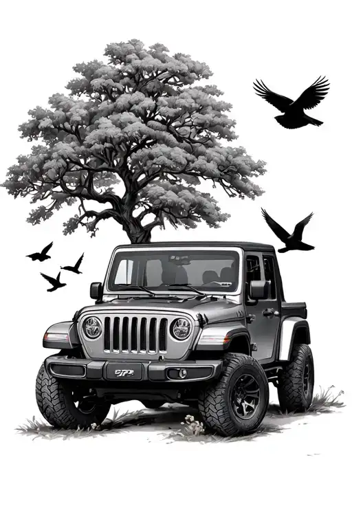 oak tree with jeep wrangler birds flying and italy tattoo design idea