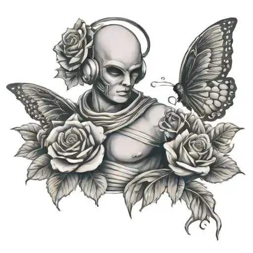 bald angel with ski mask and roses and butterflies tattoo design idea