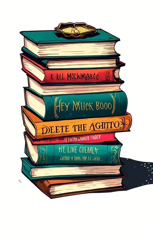 stacked books with to kill a mockingbiord theme, include teh workds delete the adjectives and Hey Boo tattoo design idea