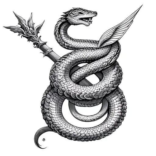 A sleeve. that is a staff with a bronze serpent coiled around it, representing healing and God’s power to save. tattoo design idea