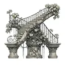 A surreal tattoo design featuring ivy climbing up a rustic railing by the lake, with a touch of black-grey shading tattoo design idea