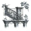 A surreal tattoo design featuring ivy climbing up a rustic railing by the lake, with a touch of black-grey shading tattoo design idea