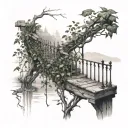 A surreal tattoo design featuring ivy climbing up a rustic railing by the lake, with a touch of black-grey shading tattoo design idea