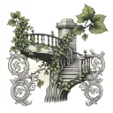 A surreal tattoo design featuring ivy climbing up a rustic railing by the lake, with a touch of black-grey shading tattoo design idea