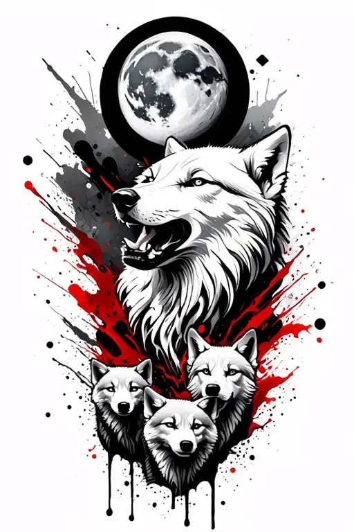 white wolf head howling moon and three wolf cubs surrounded tattoo design idea
