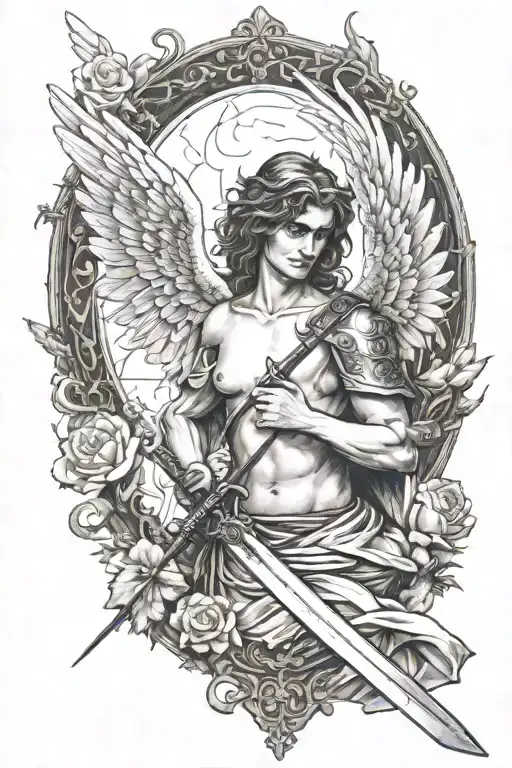 An angel holding a sword, a war scene on one side and paradise on the other. tattoo design idea