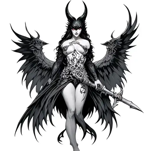 Morrigan armed and entwined with runes jaov tattoo design idea