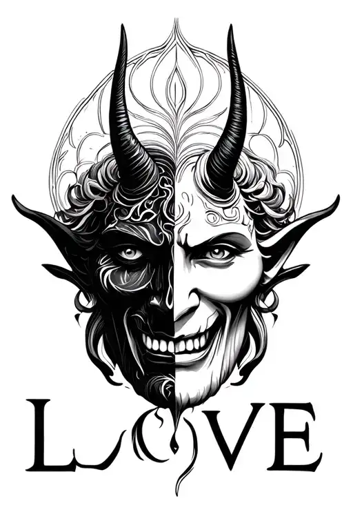 "Love " buda half meditating devil face tattoo design idea