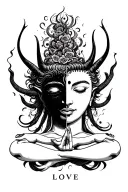 "Love " buda half meditating devil face tattoo design idea