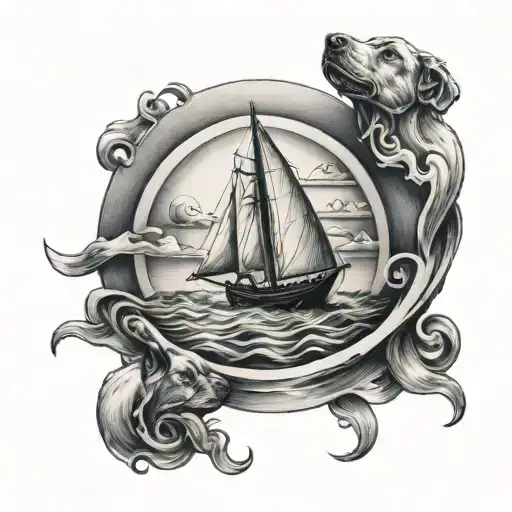 sailing boat, swell, dog, 3 rings tattoo design idea
