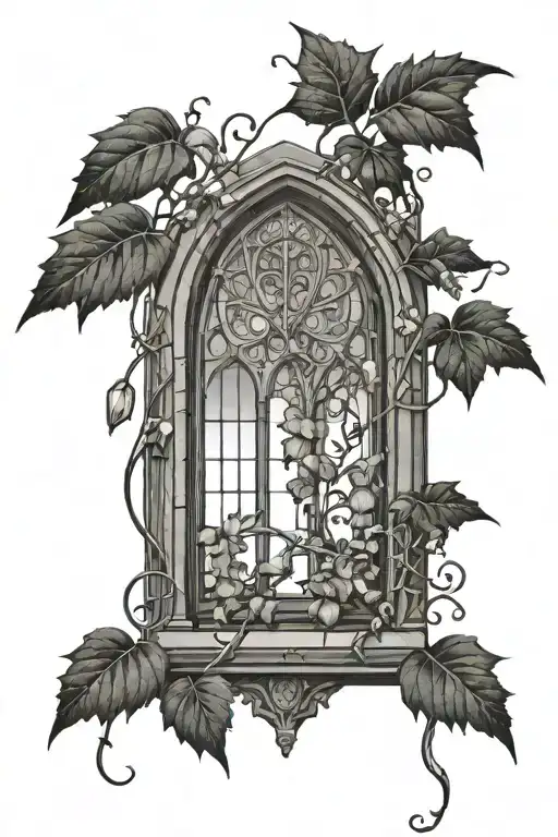 medieval gothic window, with vines growing up it, becoming flowers towards the top tattoo design idea