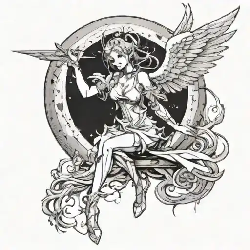 a female Angel with one devil wing. A big Moon in the Background. tattoo design idea