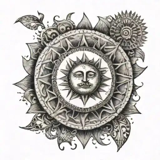 An intricate dotwork design featuring a sun made of money, surrounded by various currency symbols, representing your love for earning money through forex trading tattoo design idea