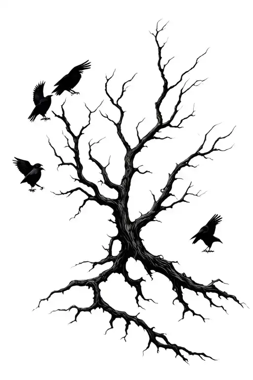 gnarled dead tree with ravens, in minimalist blackwork style tattoo design idea
