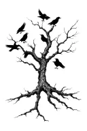 gnarled dead tree with ravens, in minimalist blackwork style tattoo design idea
