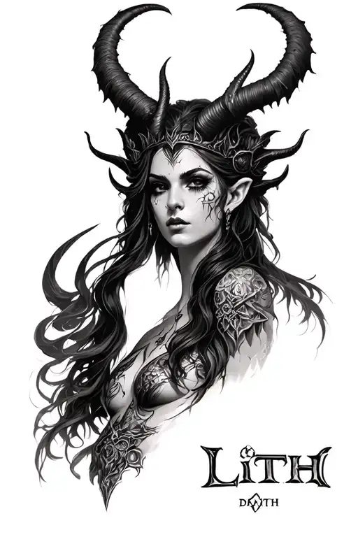 Dark realistic tattoo design of a demonic queen inspired by Lilith from Diablo 4, with facial and body features reminisc tattoo design idea