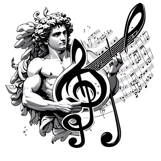 Apollo the Greek God of music holding a music treble clef tattoo design idea